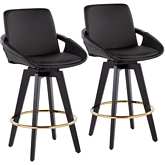Cosmo 26" Swivel Counter Stool in Black Leatherette, Black Wood & Gold (Set of 2)
